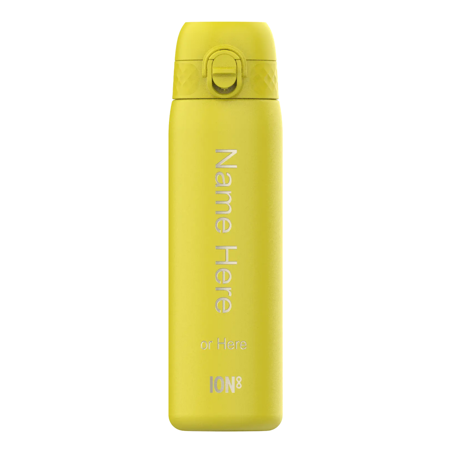A yellow ION8 water bottle stands on a white background. It displays "Name Here or Here" vertically.