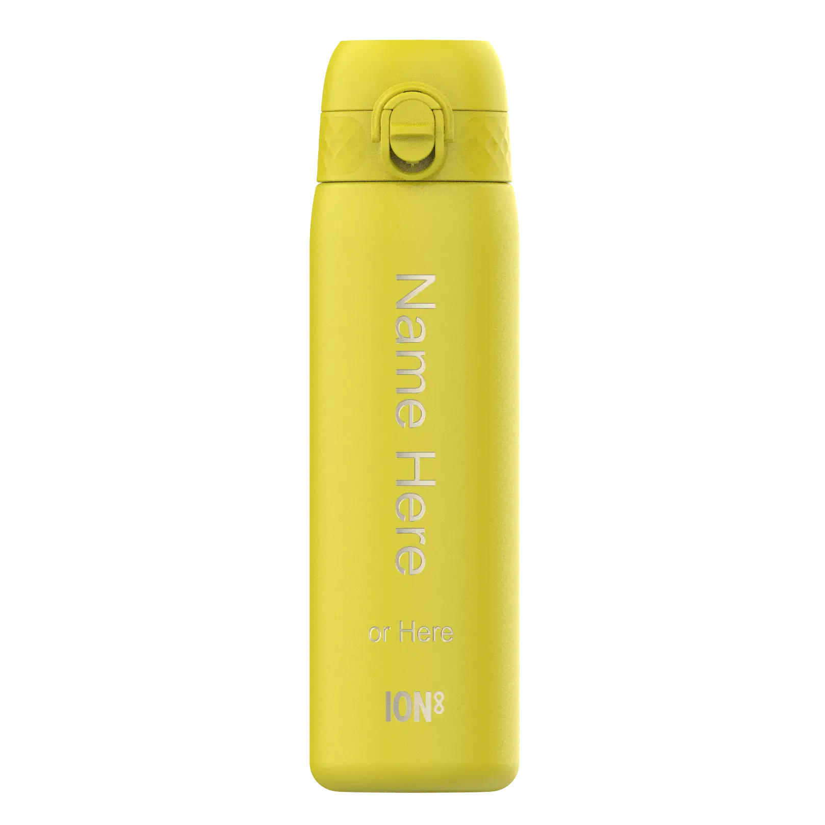 A yellow ION8 water bottle stands on a white background. It displays "Name Here or Here" vertically.