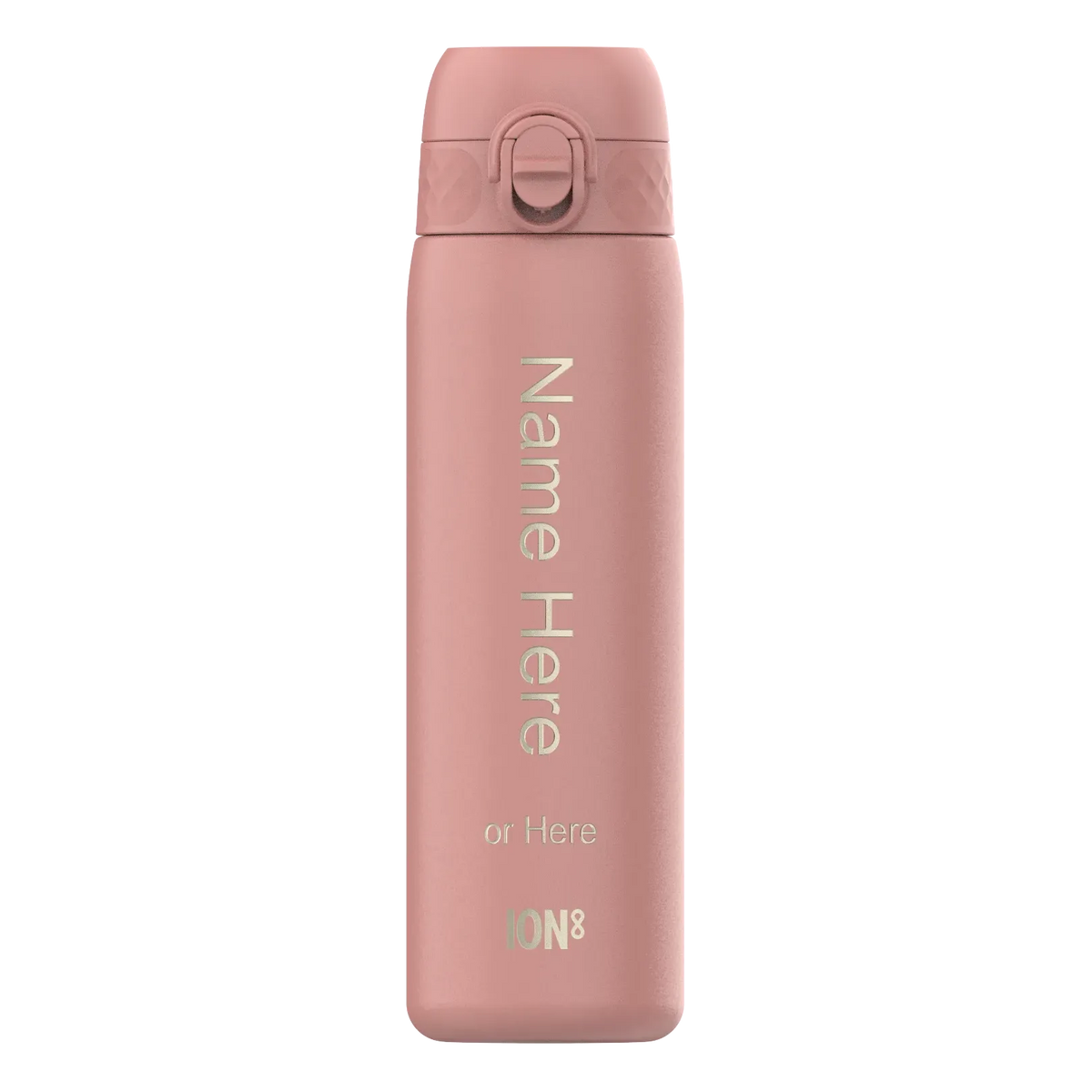 A pink thermos flask stands upright displaying the text "Name Here or Here" and "ION8" against a white background.