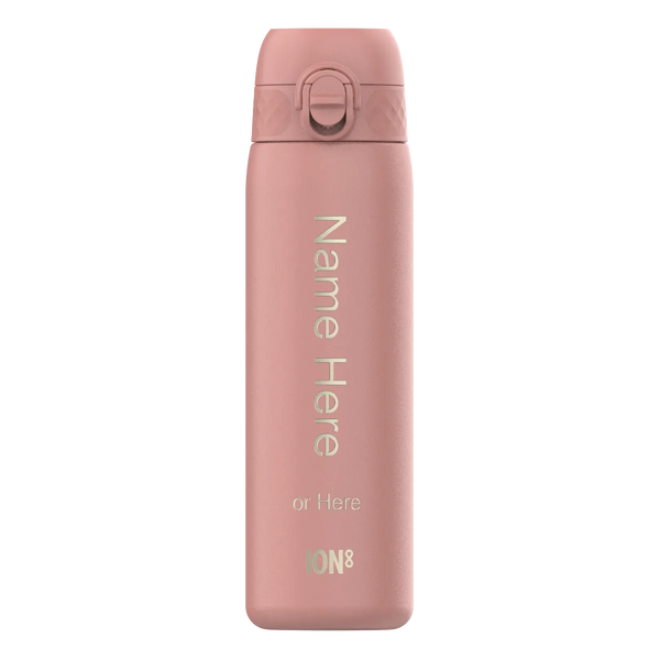 A pink thermos flask stands upright displaying the text "Name Here or Here" and "ION8" against a white background.
