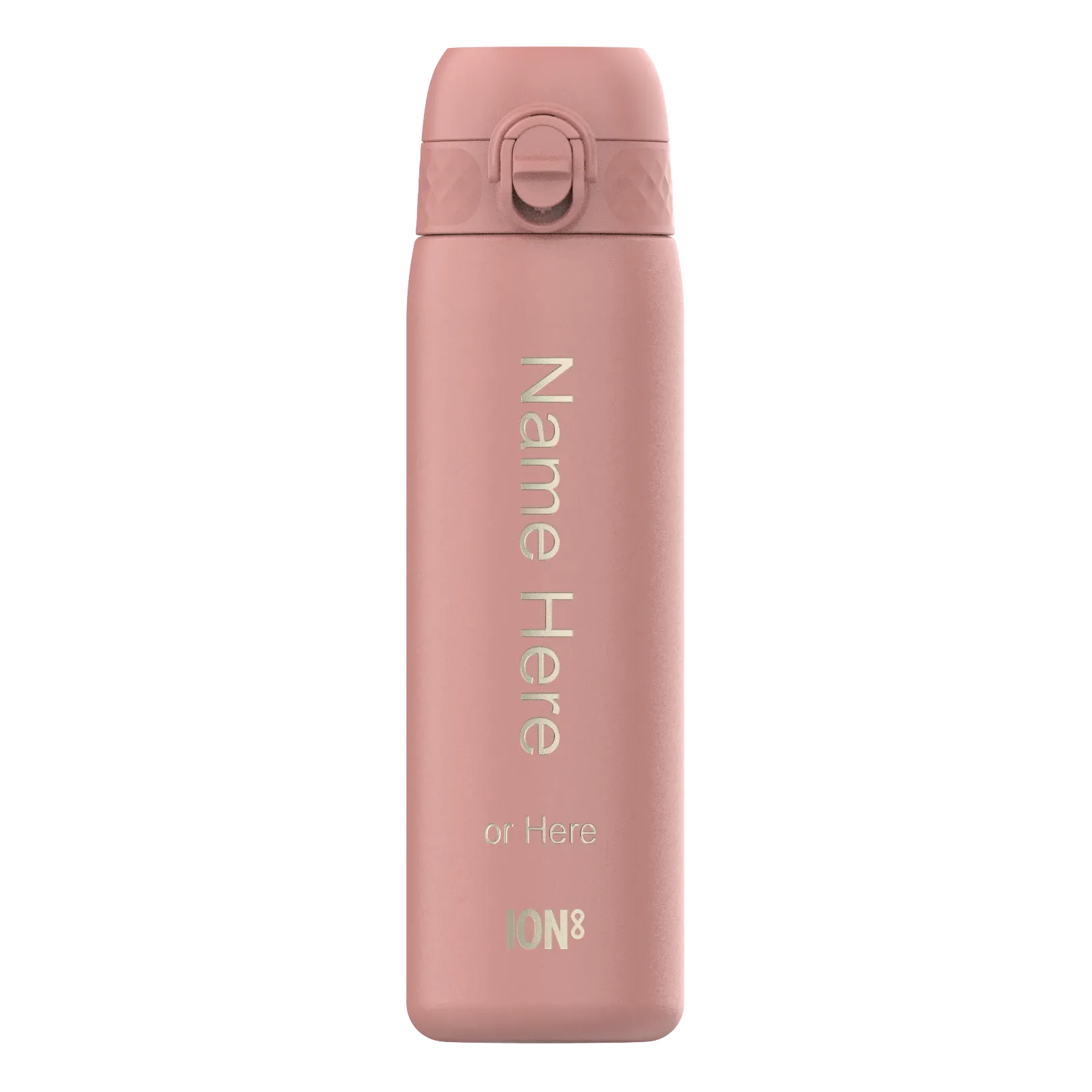 A pink thermos flask stands upright displaying the text "Name Here or Here" and "ION8" against a white background.