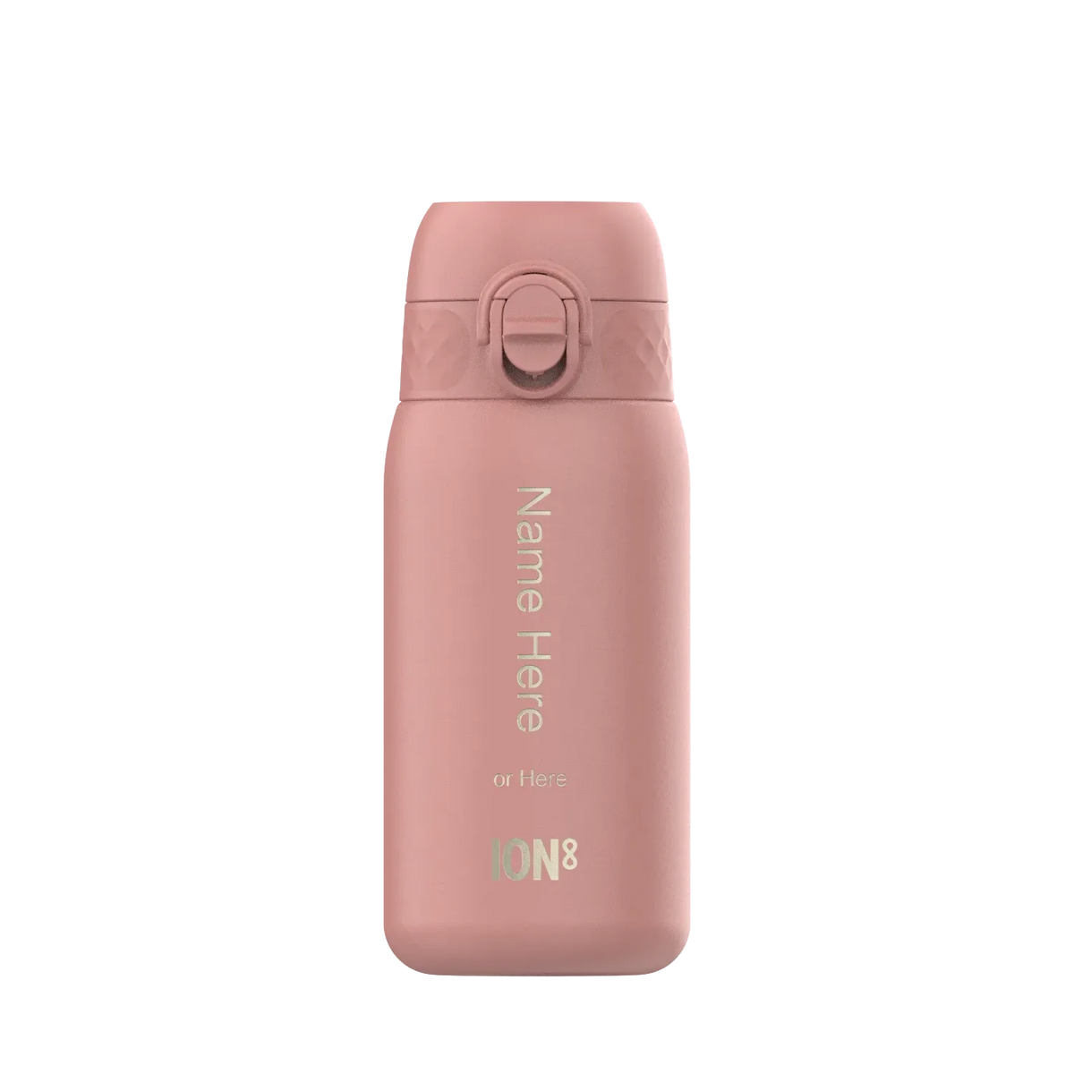 A pink insulated bottle stands upright against a white background Text reads Name Here or Here ION8