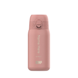 A pink insulated bottle stands upright against a white background Text reads Name Here or Here ION8