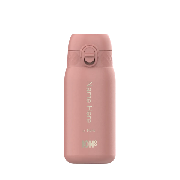 A pink insulated bottle stands upright against a white background Text reads Name Here or Here ION8
