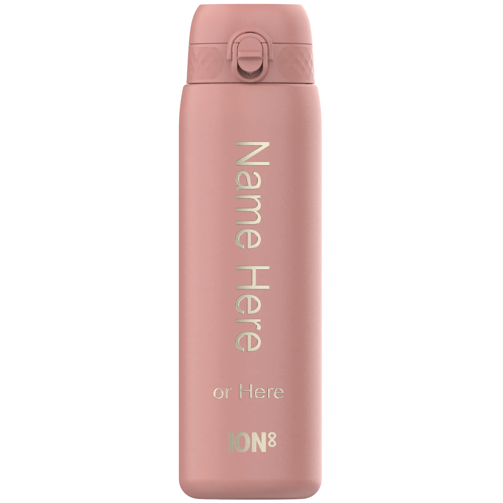 A pink water bottle stands upright on a plain background featuring the text "Name Here or Here ION8" vertically along its side