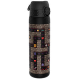 A black water bottle, featuring a retro video game design depicting a dungeon maze, stands upright against a white background. The numbers 