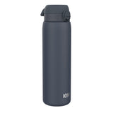 A dark-grey water bottle stands upright against a white background. The bottle has a dark-grey screw-on lid with a carrying loop and the word 
