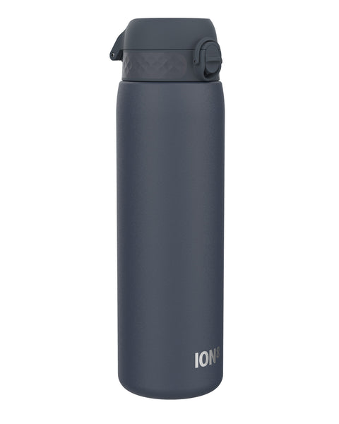 A dark-grey water bottle stands upright against a white background. The bottle has a dark-grey screw-on lid with a carrying loop and the word "ION8" is printed on its side.