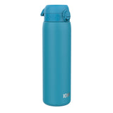A teal water bottle stands upright against a white background. The bottle features a flip-top lid and the brand name 