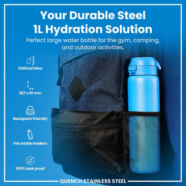 A light-blue, one-liter water bottle fits inside a backpack's mesh pocket. It's advertised as durable steel, leak-proof, and suitable for various activities.