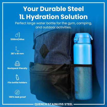 A light-blue, one-liter water bottle fits inside a backpack's mesh pocket. It's advertised as durable steel, leak-proof, and suitable for various activities.