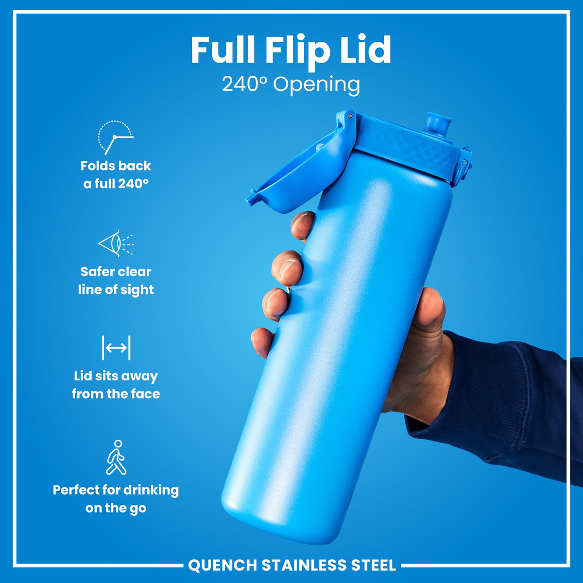 A blue stainless steel water bottle with a full flip lid is being held; its 240° opening is highlighted, showcasing features for safe and convenient on-the-go drinking.