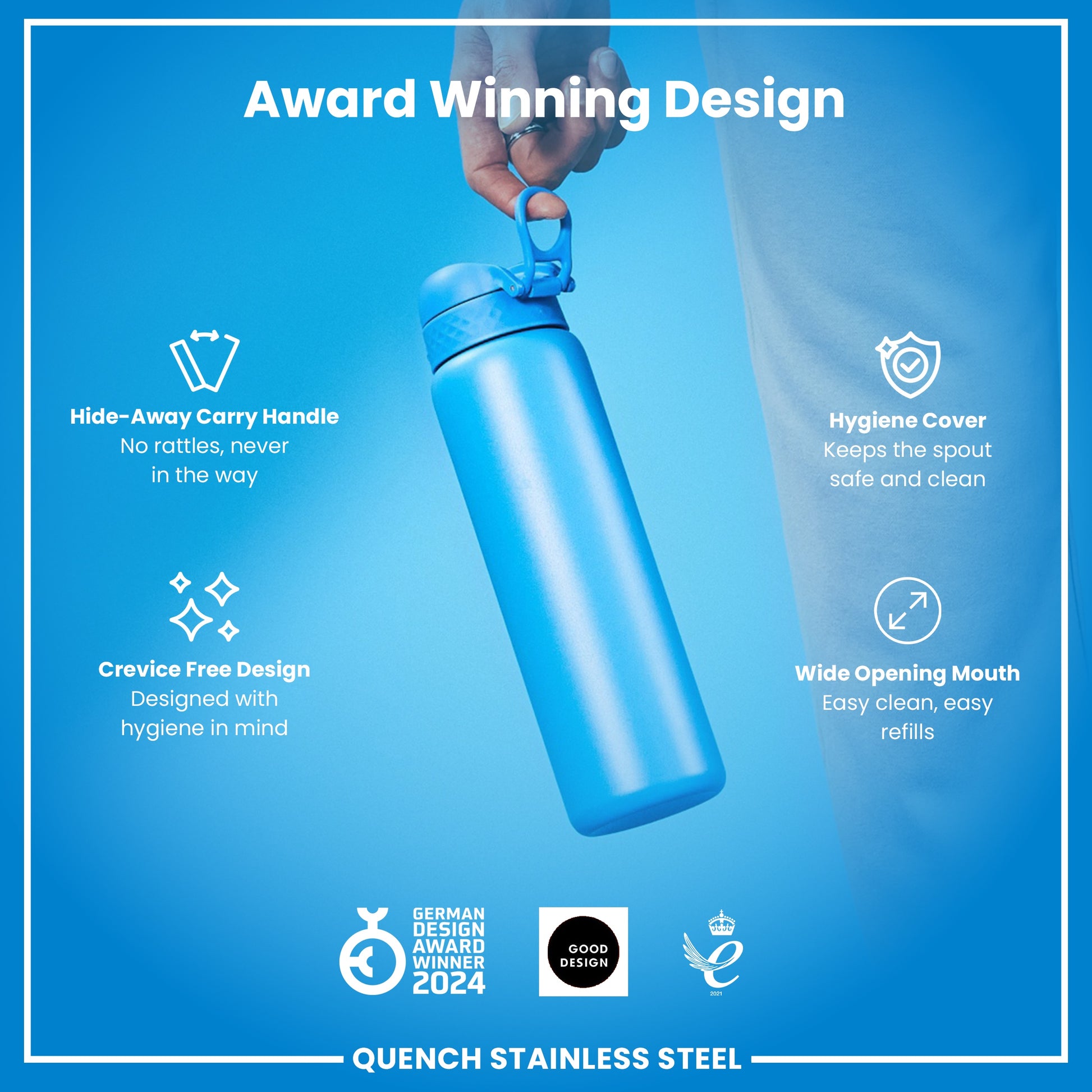 A hand holds a light-blue stainless steel water bottle against a light-blue background. The bottle features a hide-away handle, hygiene cover, and wide opening mouth. It is a German Design Award winner (2024) and a Good Design award recipient.