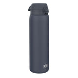 A dark-grey water bottle stands upright against a white background. The bottle has a dark-grey screw-top lid and the word 