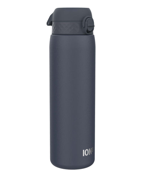 A dark-grey water bottle stands upright against a white background. The bottle has a dark-grey screw-top lid and the word "ION8" is visible near its base.