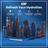 Several ION8 water bottles, in various sizes and designs, are displayed on a blue surface. Accessories are also shown. The text reads: 