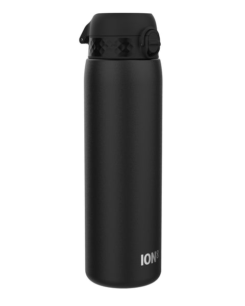 A black, cylindrical water bottle with a textured lid stands upright against a white background. The bottle displays the logo "ION8".