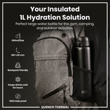 A black, insulated water bottle fits inside a gray backpack's mesh pocket; it's designed for gym, camping, and outdoor use. 920ml/31oz; 287 x 81 mm; backpack friendly; keeps drinks cold for hours; 100% leak proof. QUENCH THERMAL.