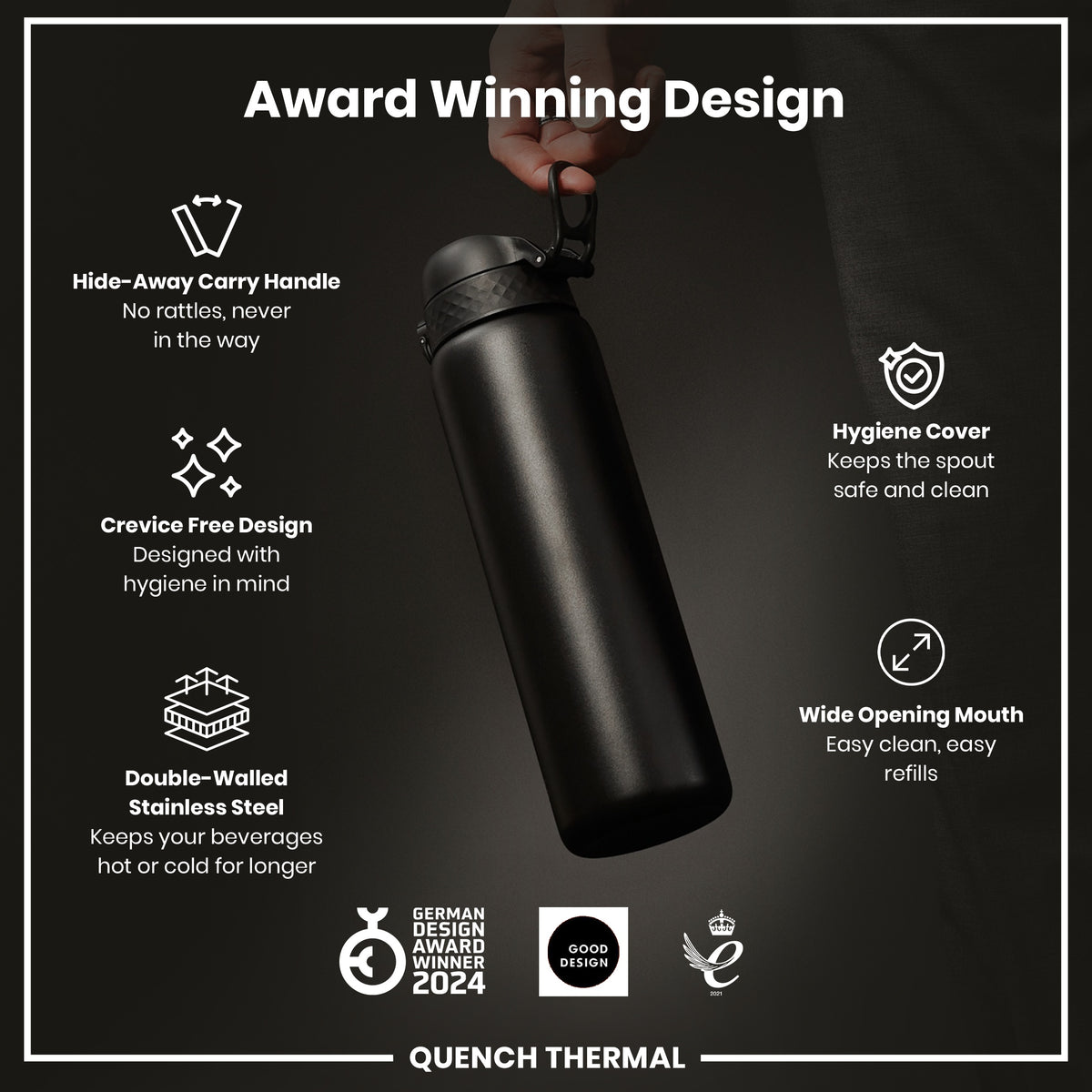 A black, double-walled stainless steel water bottle is being held; it features a hide-away handle, wide mouth, and hygiene cover. The bottle is shown against a dark background, and boasts several design awards.