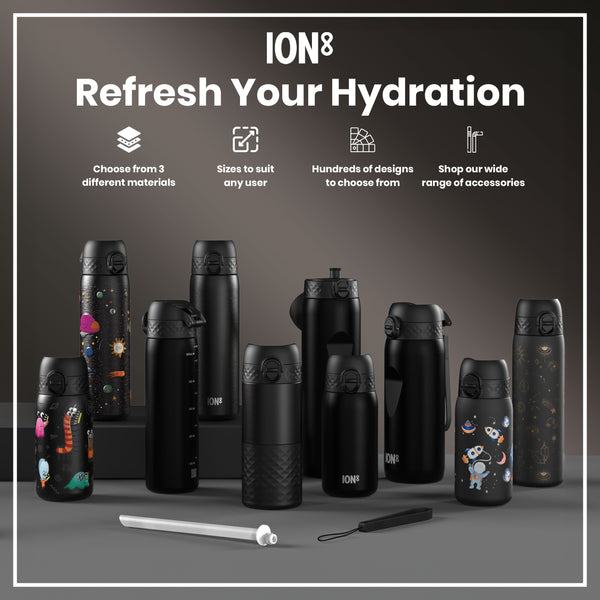 Several ION8 water bottles, in various sizes and designs, are displayed on a dark surface. They are shown alongside accessories. The text reads: "ION8 Refresh Your Hydration," with details on materials, sizes, designs, and accessories.