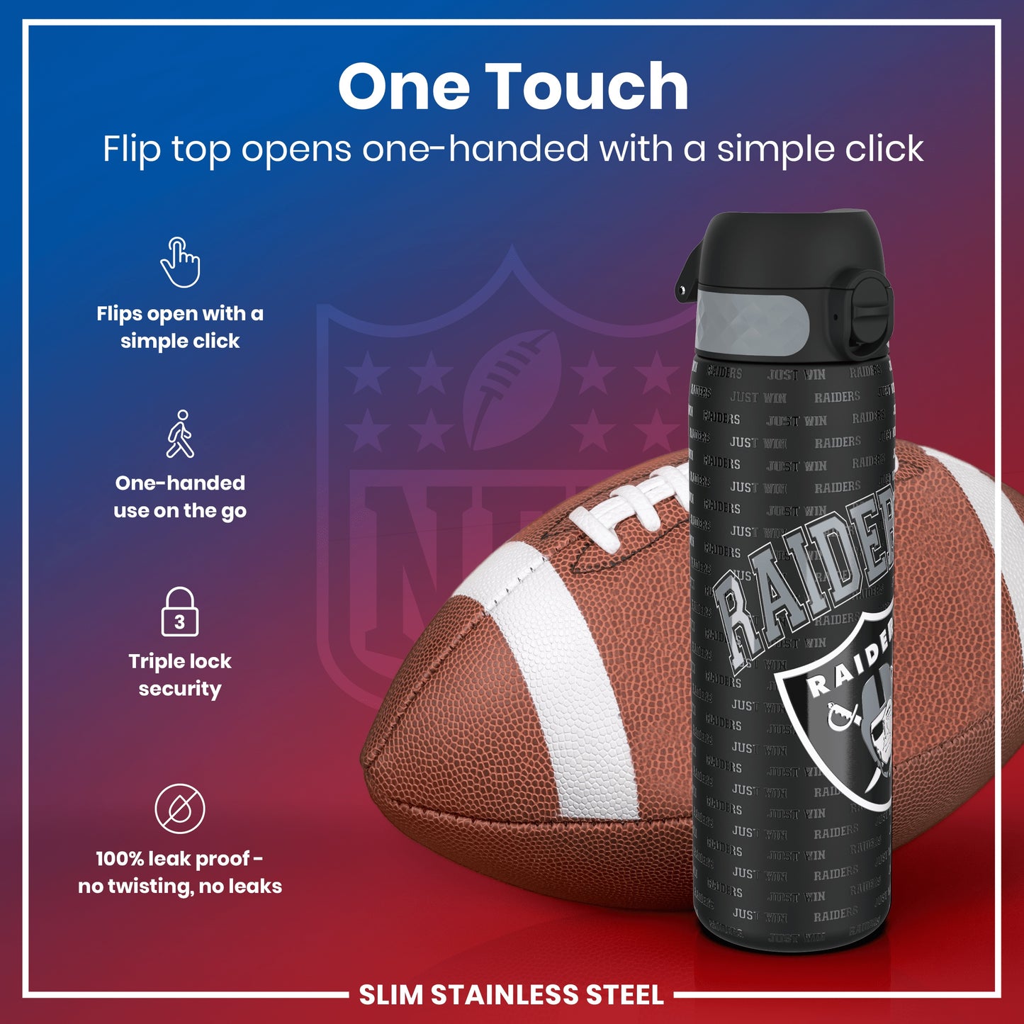 A Raiders-themed water bottle, featuring a flip top, sits beside an American football. The bottle's lid opens one-handed; it’s leakproof and has triple lock security. The background shows a stylized NFL Raiders logo.