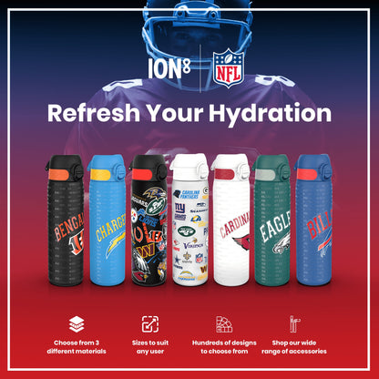 Six water bottles, displaying various NFL team logos, are presented. They are shown against a backdrop featuring a blurred image of a football player and promotional text. "Refresh Your Hydration", "ION8 NFL", "Choose from 3 different materials", "Sizes to suit any user", "Hundreds of designs to choose from", and "Shop our wide range of accessories" are also visible.