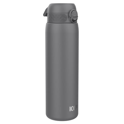 A dark gray water bottle stands upright against a white background. The bottle has a dark gray lid with a textured band and a flip-top mechanism. The brand name "ION8" is subtly printed near the base.