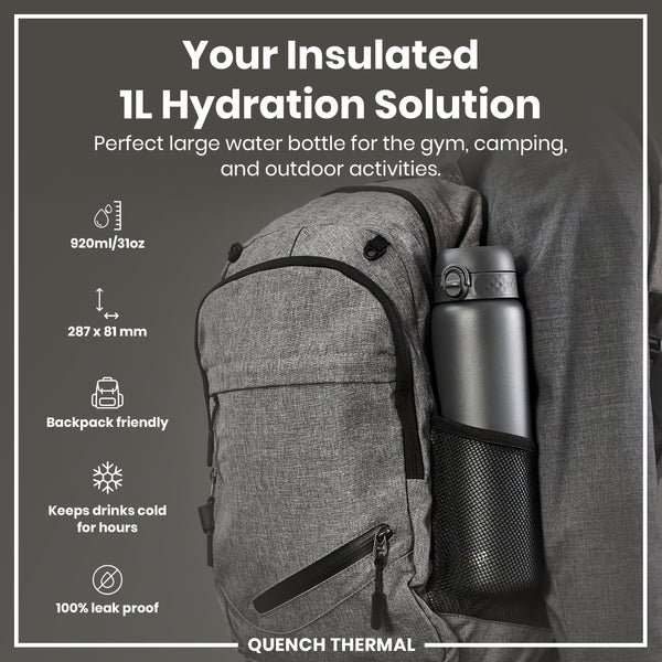 Leak Proof 1 Litre Thermal Water Bottle, Insulated, Grey, 1L