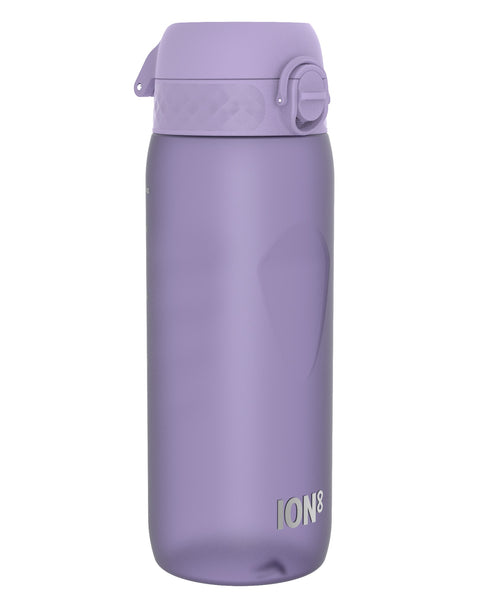 A lavender plastic water bottle stands upright against a white background. The bottle has a flip-top lid and the logo “ION8” is printed near its base.