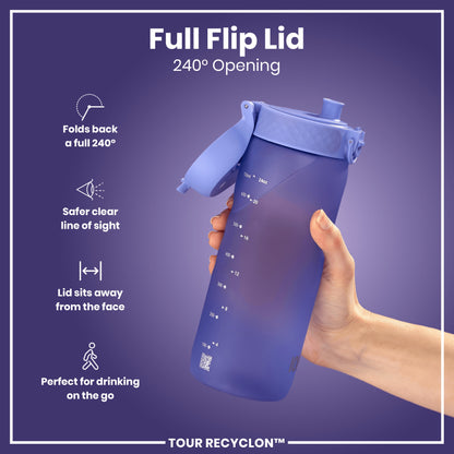 A purple water bottle with a 240° flip lid is held by a hand. The bottle features volume markings in milliliters and ounces. The background is a solid purple.