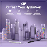 Several lilac water bottles, varying in size and design, are displayed on a purple surface. They feature various patterns including flowers, hedgehogs, fairies, and unicorns. Accompanying text promotes the brand 
