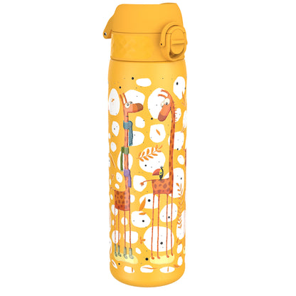 A yellow water bottle, featuring cartoon giraffes and other designs, stands upright against a white background.