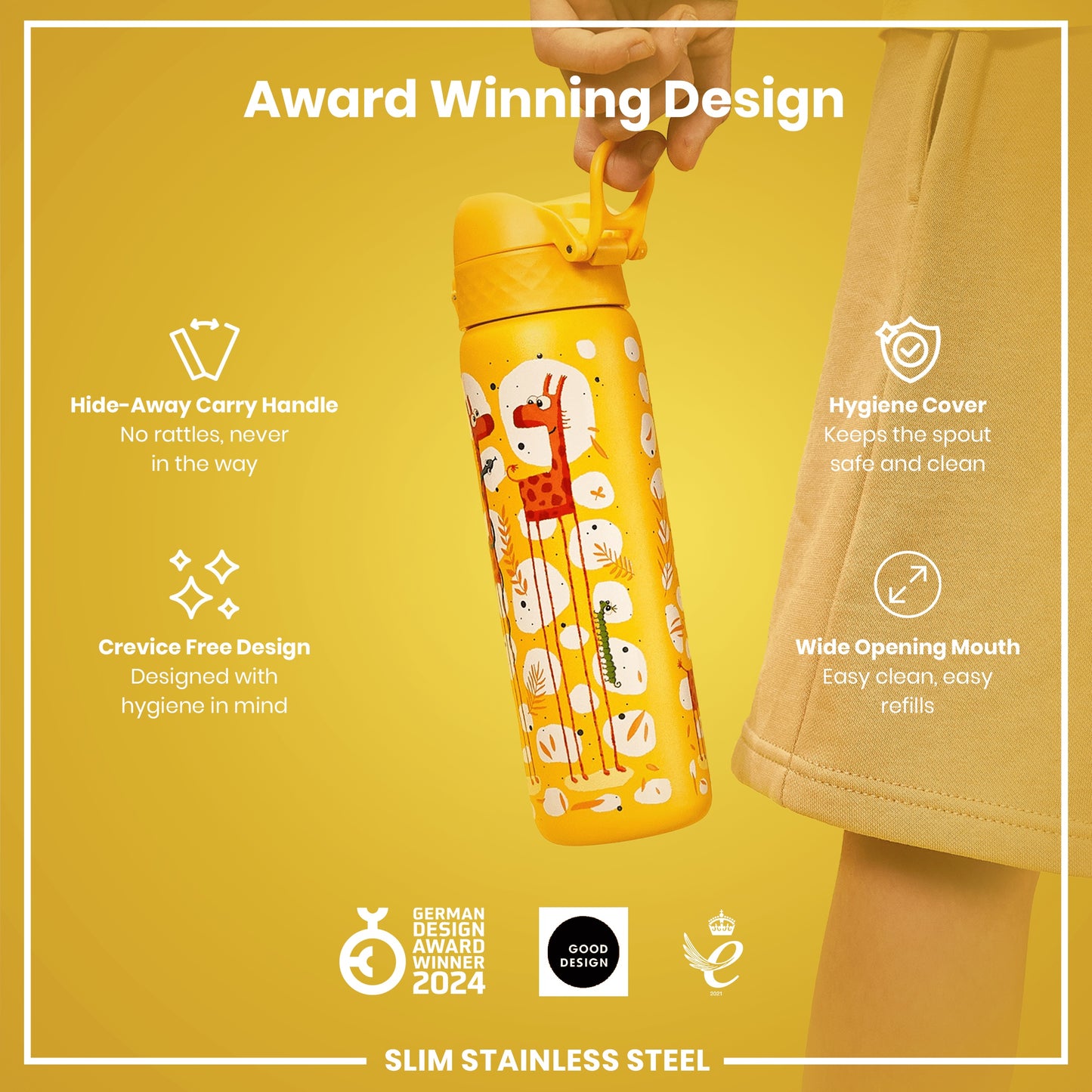 A yellow, giraffe-patterned water bottle is being held; it features a hide-away handle, hygiene cover, and wide mouth. The bottle is an award-winning design, made of slim stainless steel.