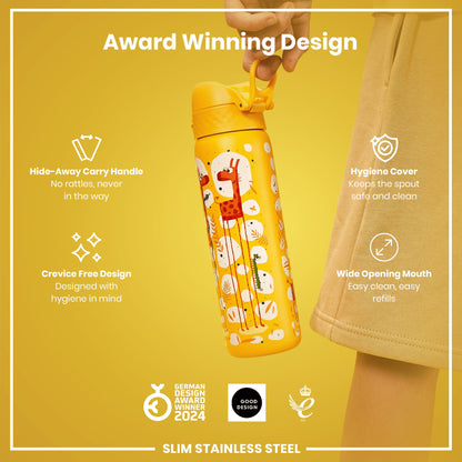 A yellow, giraffe-patterned water bottle is being held; it features a hide-away handle, hygiene cover, and wide mouth. The bottle is an award-winning design, made of slim stainless steel.