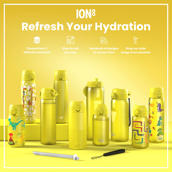 Several yellow water bottles, of varying sizes and designs, are displayed on a yellow background. ION8 branding is visible. Accompanying text advertises material choices, size options, design variety, and available accessories.