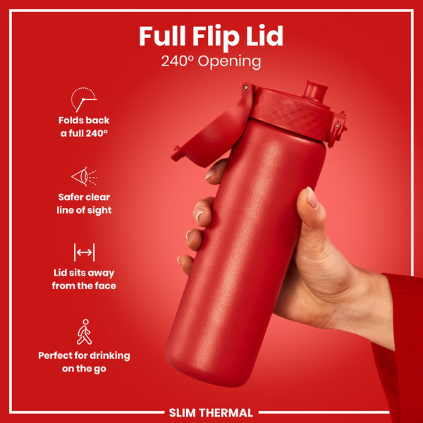 Leak Proof Slim Thermal Steel Water Bottle, Insulated, Red, 500ml (17oz)