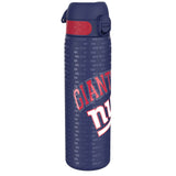 A navy-blue water bottle, featuring the New York Giants logo and repetitive 