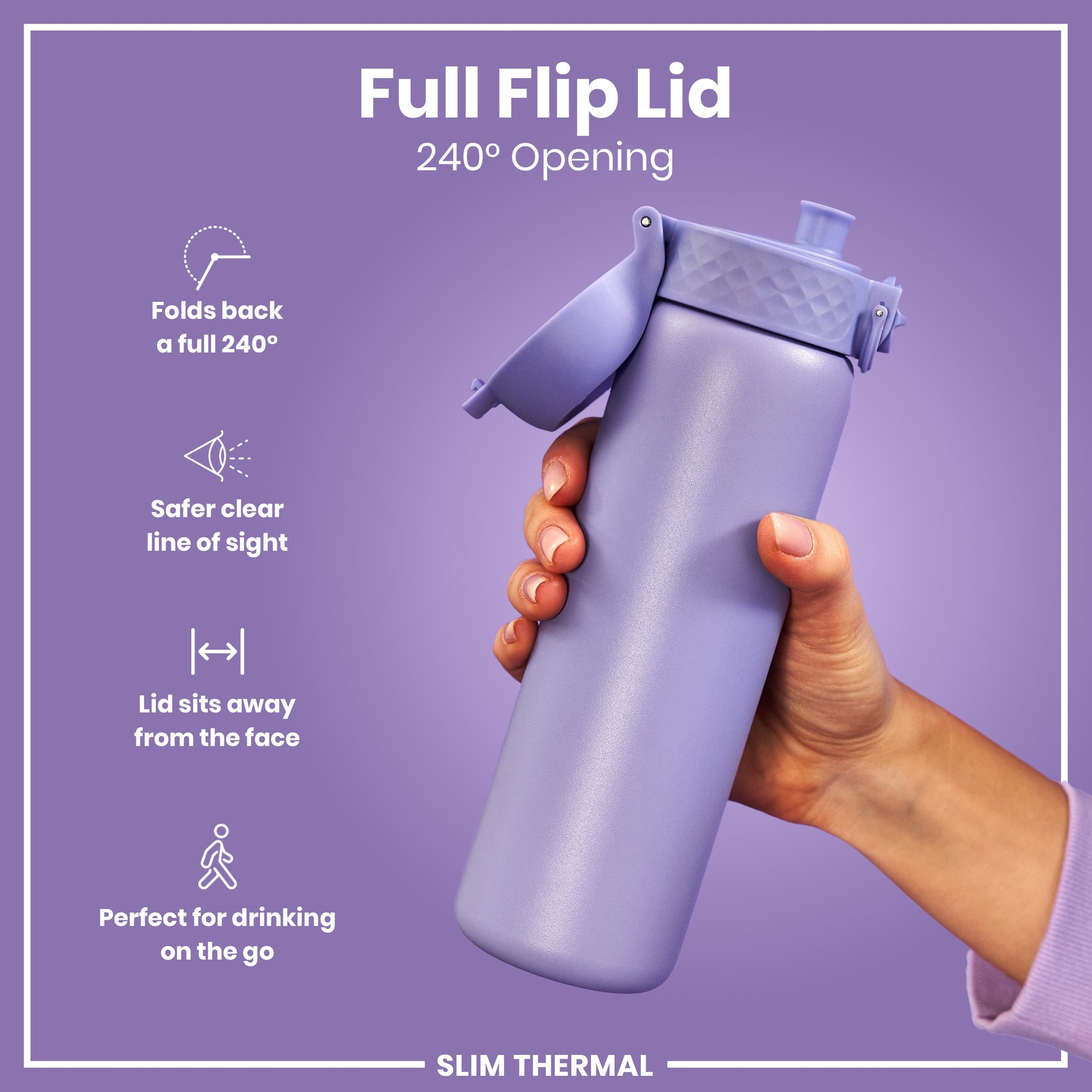 A lavender water bottle with a flip lid is held; the lid opens 240 degrees. The bottle is slim and thermal; text highlights its features for on-the-go use.