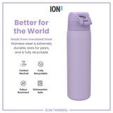 A lavender insulated steel water bottle stands against a white background. The bottle is described as durable, recyclable, odour resistant, and dishwasher safe. The text also advertises it as better for the world, carbon neutral, and made from insulated stainless steel.