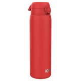 A red water bottle stands upright against a white background. The bottle has a textured lid and the word 