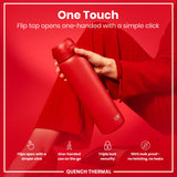A red thermos is held; its flip top opens one-handed. The context is a red background with product information indicating one-handed use, triple lock security, and leak-proof design. 