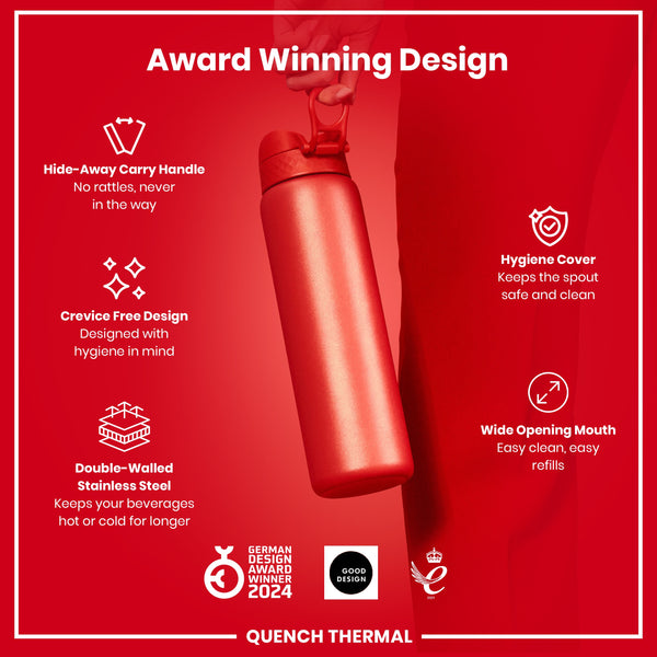 A red, double-walled stainless steel water bottle is being held. It features a hide-away handle, crevice-free design, hygiene cover, and wide mouth. The bottle is an award-winning design.