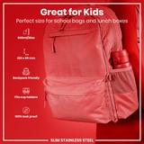 A coral-colored, slim stainless steel water bottle is shown in a backpack pocket. It's backpack friendly, fits cup holders, is 100% leak proof, and measures 232 x 65 mm (600ml/20oz). The background is red.