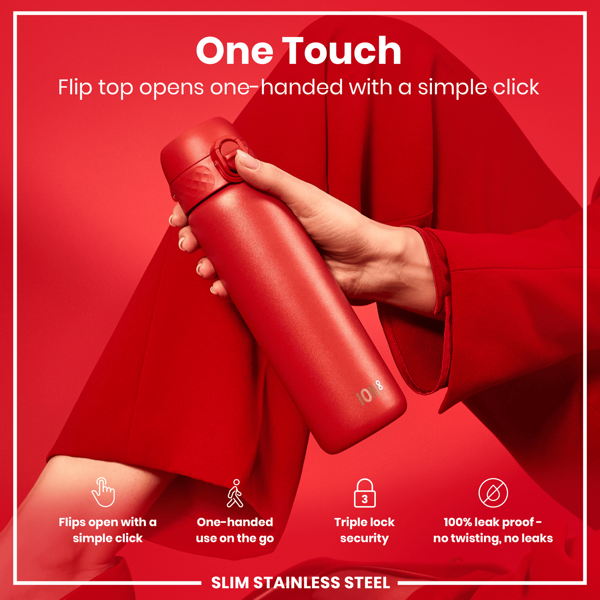 A red, slim stainless steel water bottle is being held; its flip top opens one-handed with a simple click. The bottle is showcased against a red background. Features include a triple lock security and 100% leak proof design.