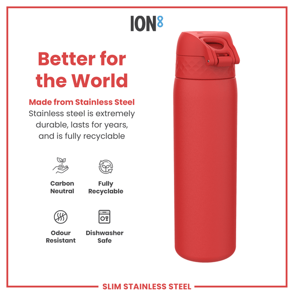A red, stainless steel water bottle sits against a white background. It is presented as environmentally friendly, durable, and recyclable. The bottle is described as odour resistant and dishwasher safe.
