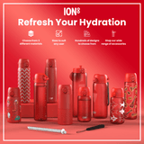 Several red water bottles, of varying sizes and designs, are displayed on a red surface. They are accompanied by accessories, such as straws. The text reads: 