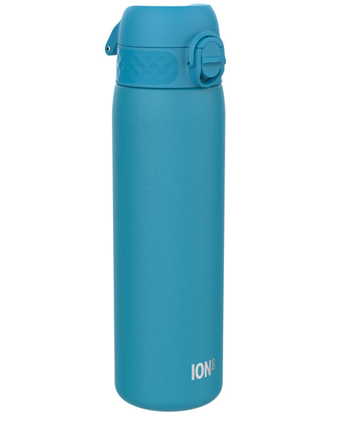 A teal water bottle stands upright against a white background. ION8 is subtly printed near the base.