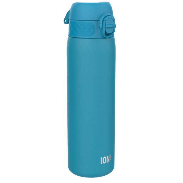 A teal water bottle stands upright against a white background. ION8 is subtly printed near the base.