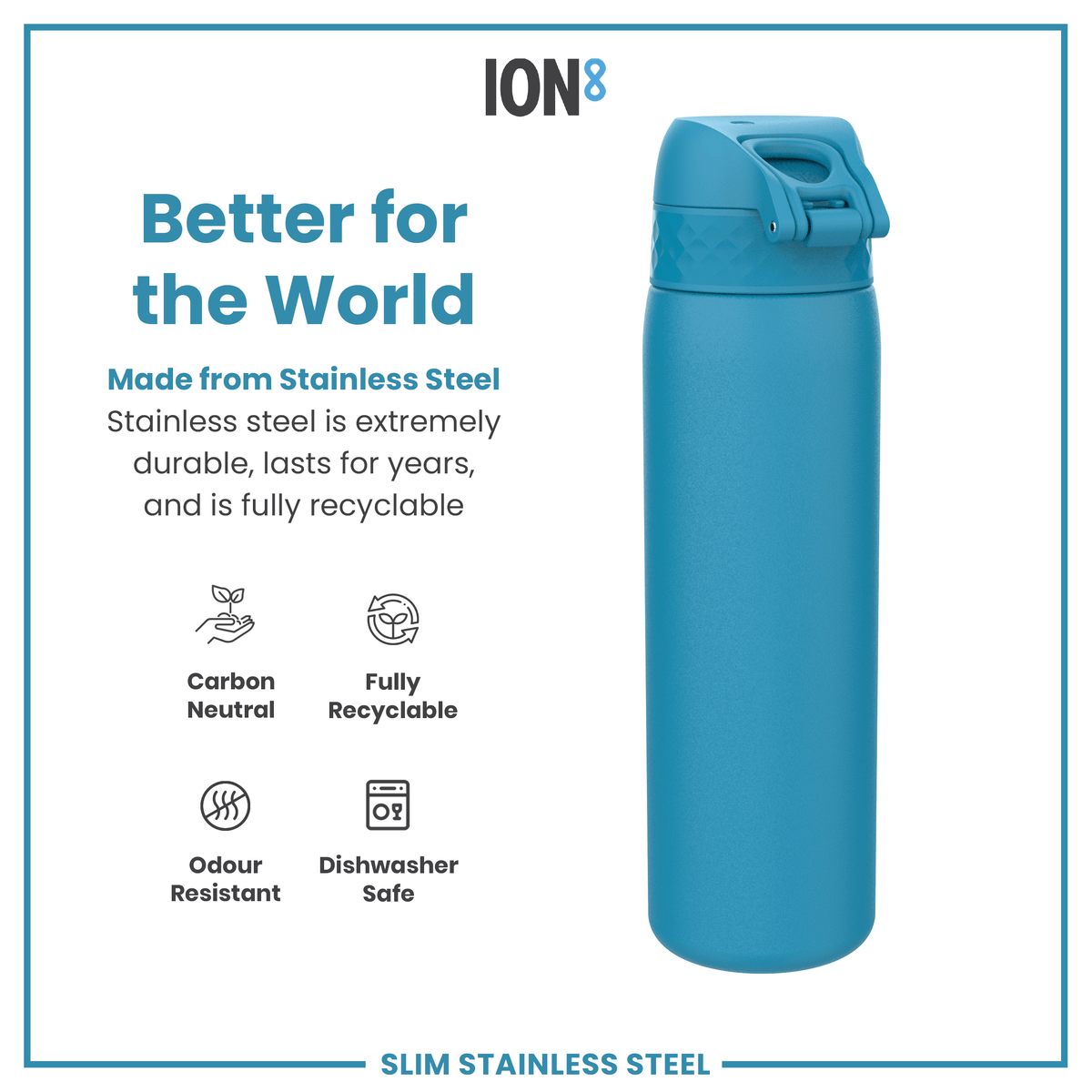 A teal stainless steel water bottle stands against a white background; it's described as better for the world, carbon neutral, fully recyclable, odour resistant, and dishwasher safe.