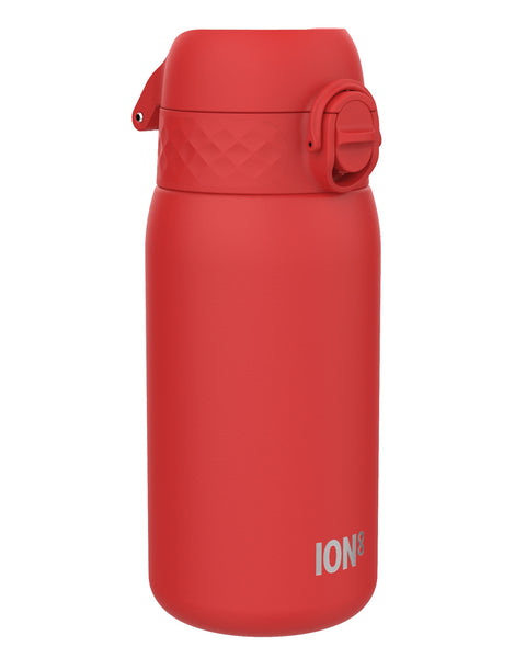 A red ION8 water bottle sits on a white background. The bottle is closed. ION8 is printed on the bottle.